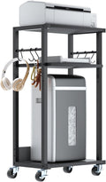YMYNY Mobile Printer Stand, 3-Tier Printer Cart with Adjustable Storage Shelf and 6 S-Hooks, Tall Printer Table for Home Office, for Computer Tower Stand, Shredder, CPU Stand, Black, UHPT002B