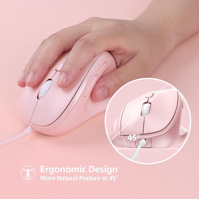 Micropack Ergonomic Mouse Wired for Laptop, PC Computer and Desktop, Ergo Mouse Vertical with Silent Clicks, Up to 3200 DPI Adjustable Mouse Sensitivity, Pink