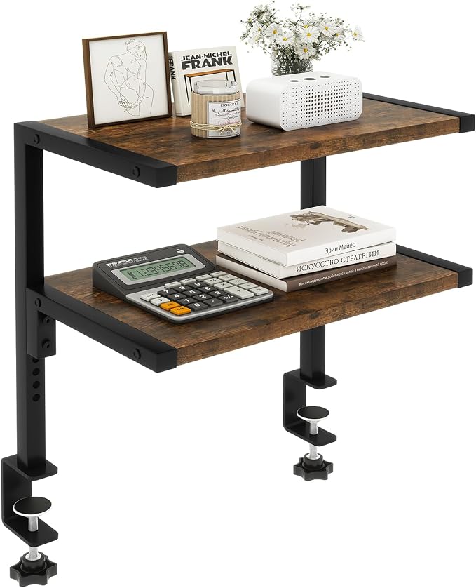 IBUYKE Clamp on Desk Organizer Shelf,12.9 inches Desk Extender Shelves, Above or Below Desk 2-Tier Adjustable Storage Shelves for Desktop Accessories,Rustic Brown,TMZ007H