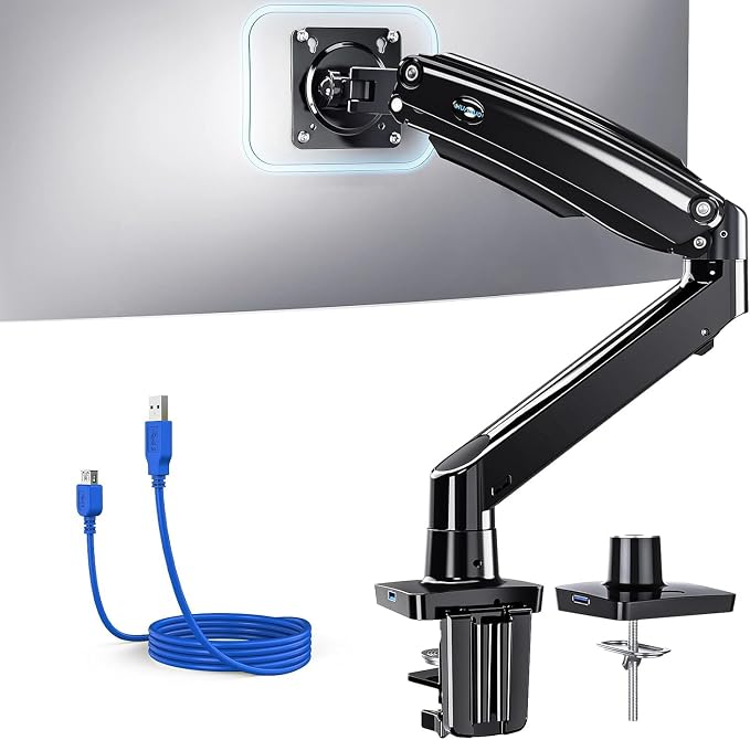 HUANUO Single Monitor Arm for 13-49 inch Screens, Ultrawide Computer Monitor Mount Holds 26.48 lbs, Upgraded Adjustable Stand with USB, C-Clamp & Grommet Base, VESA 75x75 or 100x100mm