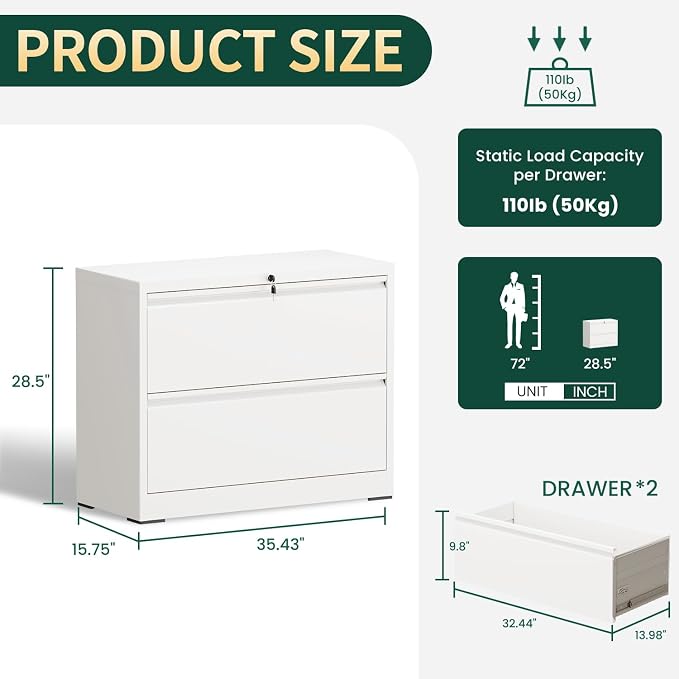 Lateral File Cabinet with Lock, Metal File Cabinets for Home Office Legal/Letter A4 Size, File Cabinet with 2 Drawer Storage Cabinet, Require Assembly, White