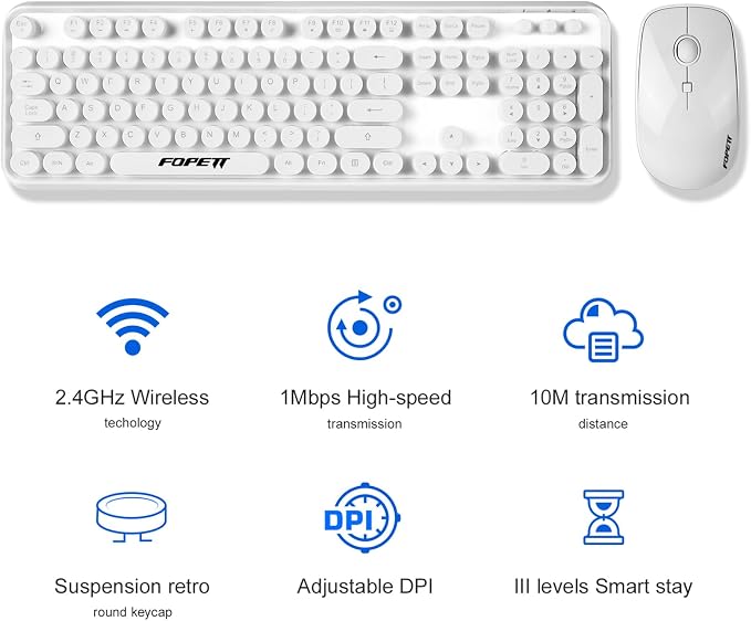 FOPETT Wireless Keyboard and Mouse Combo - 2.4G Full-Sized White Keyboard with Round Keycaps 104 Keys Typewriter Keyboard for Laptop/Windows/PC - White