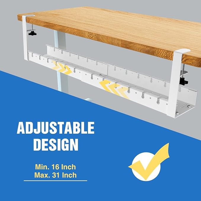No Drilling Extendable Under Desk Cable Management, Metal Cable Management Tray Under Desk with Clamp, Retractable Power Strip Cord Holder for Wire Management 31Inch (1 Pack White)