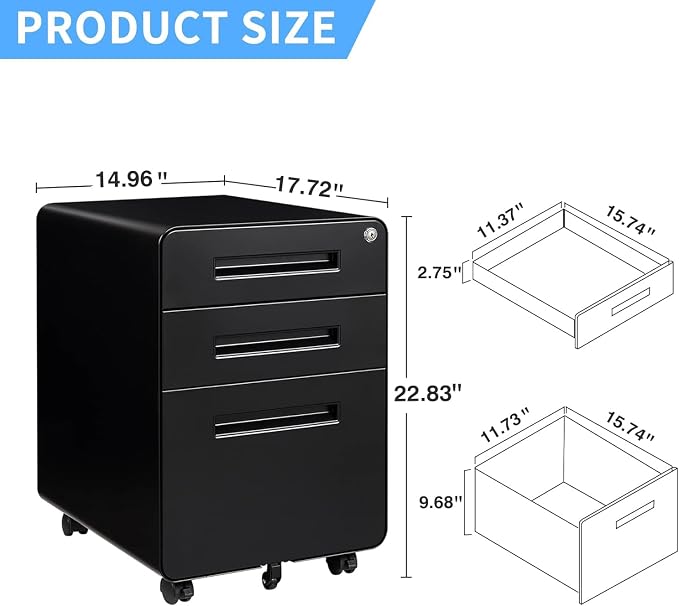 Letaya File Cabinet, 3 Drawer Filing Cabinets for Home Office with Lock Mobile Under Desk Fully Assembled Cabinet (Black)