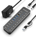 RSHTECH 10 Ports Powered USB 3.2/USB C Hub Splitter 60W with 3 x 10Gbps USB 3.2 Ports (2C + 1A),7 x USB 3.0 Ports (4C + 3A), 3.3ft Cable and Individual Touch Switches for Laptop PC