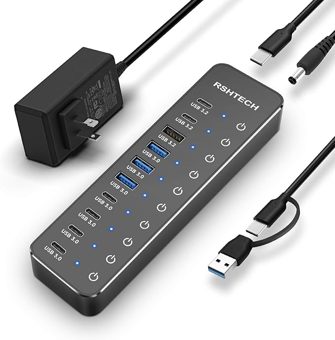 RSHTECH 10 Ports Powered USB 3.2/USB C Hub Splitter 60W with 3 x 10Gbps USB 3.2 Ports (2C + 1A),7 x USB 3.0 Ports (4C + 3A), 3.3ft Cable and Individual Touch Switches for Laptop PC