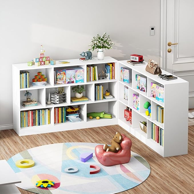 IOTXY Open Shelf Low Bookcase - Wooden 3-Tier Floor Standing Display Cabinet Organizer with Base, 7 Cubes Short Horizontal Bookshelf in Pear Yellow