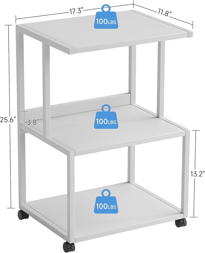Mexin White 3 Tier Printer Table with Wheels, Industrial Rolling Cart with Storage Shelf for Scanner Fax, Home Office Use, 17.5 x 11.8 Inches
