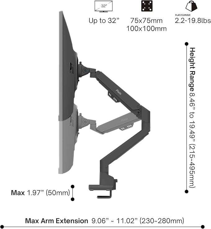 Pixio PS1S Wave Black Single Monitor Arm Stand Desk Mount - Fits up to 32 inches Monitors and up to 19.8lbs. VESA Compatibility and Integrated Cable Management