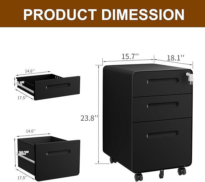 3 Drawer File Cabinet with Lock and 4 Keys, Mobile Metal Filing Cabinet, File Cabinets for Home Office, Under Desk, Pre-Assembly, File Drawer, Letter/Legal/A4 Hanging File Folders