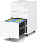 3 Drawer Mobile File Cabinet with Lock,Under Desk Filing Cabinet for Home Office, Metal Filing Cabinets on Wheels for Legal/Letter/A4 File, Fully Assembled Except Wheels, White