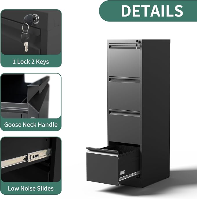 4 Drawer File Cabinet with Lock, Steel Vertical Filing Cabinets for Home Office, Metal Storage Cabinet for Hanging Legal/Letter Size Files, Assembly Required (Black)