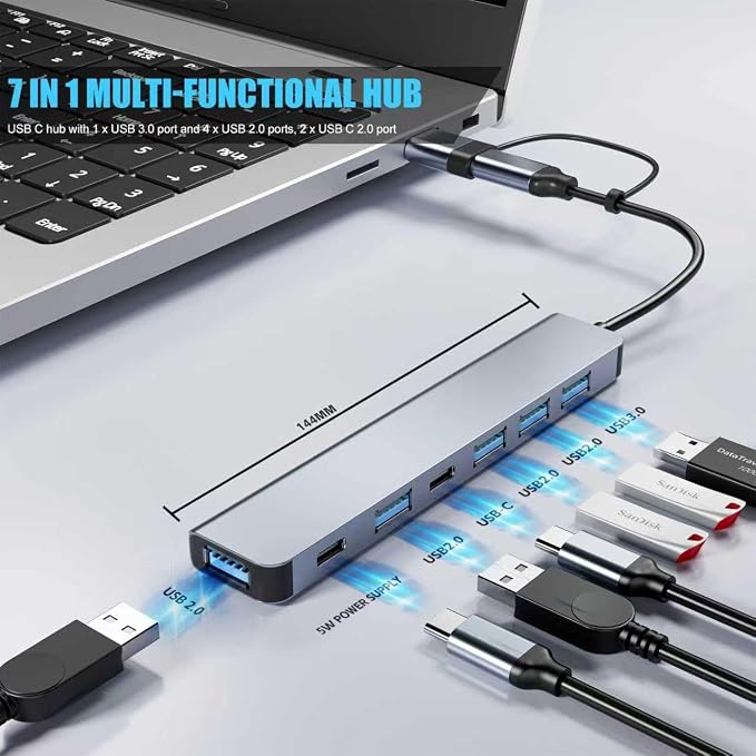 【Upgrade】 USB C/USB Hub, BERLAT Aluminum 7 in 1 USB C & USB Hub with USB 3.0, USB 2.0 Ports for PC/Laptops/MacBook Pro/Air/iMac/iPad and More Devices