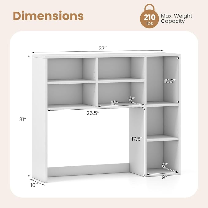 LDAILY Desktop Bookshelf, 37’’ Wood Desk Shelf with 7 Cubes & 3 Adjustable Shelves, 3-Tier Desk Display Rack, Desk Hutch for Dorm College Office Computer Monitor Up to 27’’ (White, 7 Shelves)
