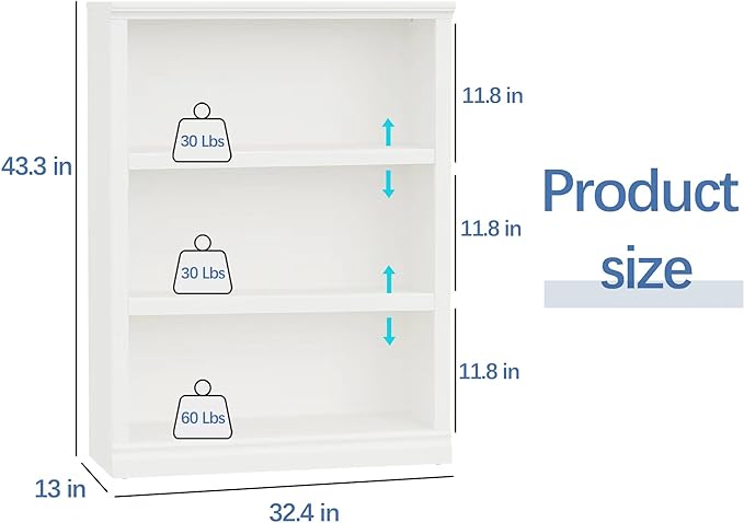 blini 3-Shelf Bookcase White Wooden Bookshelves 33in Wide Floor Standing Display Storage Book Shelves Tall Bookcase for Home Office, Living Room, Bedroom