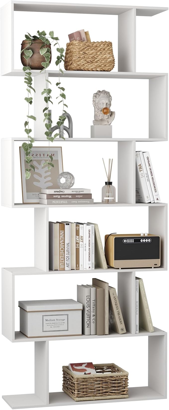 Yusong S Shaped Bookshelf, Modern Geometric Bookcase, 6-Tier White Display Case Book Shelf