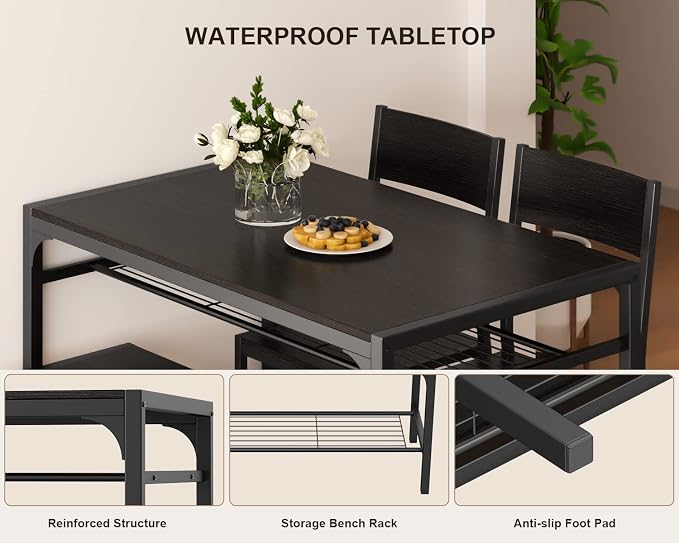 Gizoon Kitchen Table and 2 Chairs for 4 with Bench, 4 Piece Dining Table Set for Small Space, Apartment