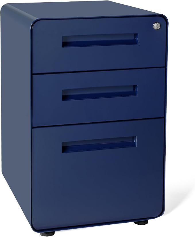 Laura Davidson Furniture Stockpile 3 Drawer File Cabinet with Lock - Under Office Desk Metal Filing Cabinet, Legal/Letter File Folders, Wheels and Stationary Feet, Pre-Assembled, Navy Blue