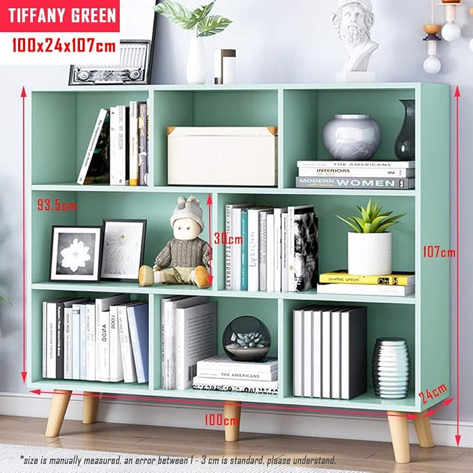 IOTXY Wooden Open Shelf Bookcase - 3-Tier Floor Standing Display Cabinet Rack with Legs, 8 Cubes Bookshelf, Tiffany-Green