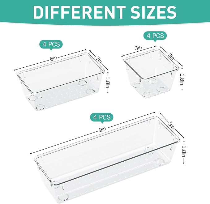 WOWBOX 12 Pack Clear Drawer Organizer Set, Acrylic Drawer Storage Trays, Storage Bins for Makeup, Cosmetics, Jewelries, Utensils, Gadgets, Office