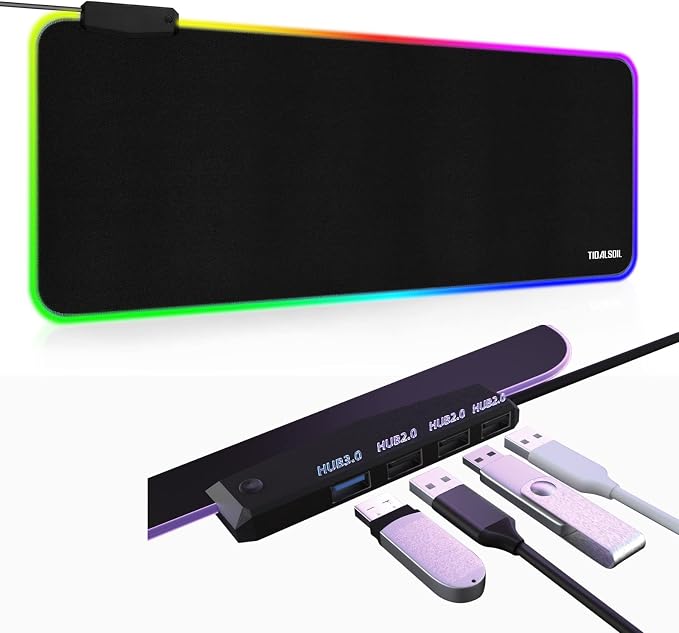 RGB Large Gaming Mouse Pad with 4Port USB Hub and 13Lighting Modes, Computer Keyboard Mouse Pad, Oversize Anti-Slip Rubber Base Mouse Mat for Computer PC Games (31.5 x 11.81 in Black,0.15in Thick)