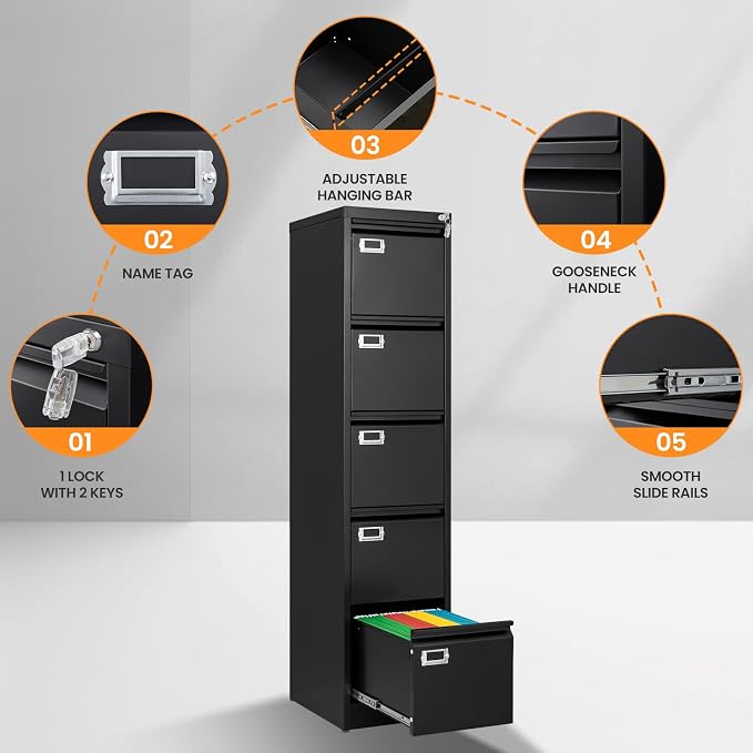 5 Drawer File Cabinet with Lock, Metal Filing Cabinets for Home Office, Vertical Black Locking File Caninet, Steel Narrow Five Drawer File Cabnet for Letter/Legal / A4 / B4- Assembly Required