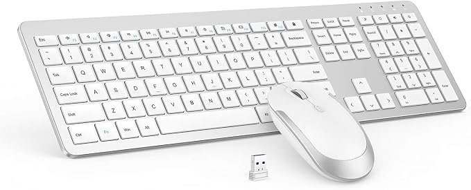 Wireless Keyboard and Mouse Combo - Full Size Slim Thin Wireless Keyboard Mouse with Numeric Keypad 2.4G Stable Connection Adjustable DPI (White & Silver)