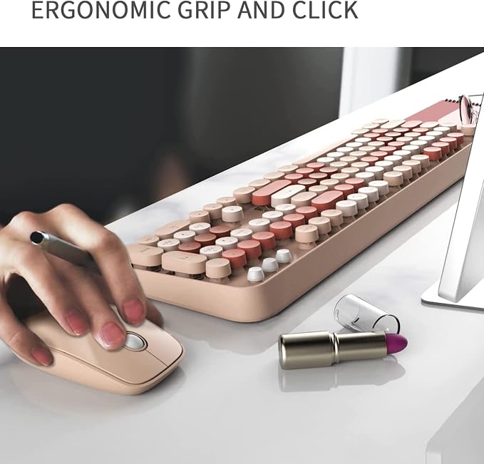 FOPETT Keyboard and Mouse Sets Wireless,Reliable 2.4 GHz Connectivity for PC,Laptop,Smart TV and More (Milk Tea Color)