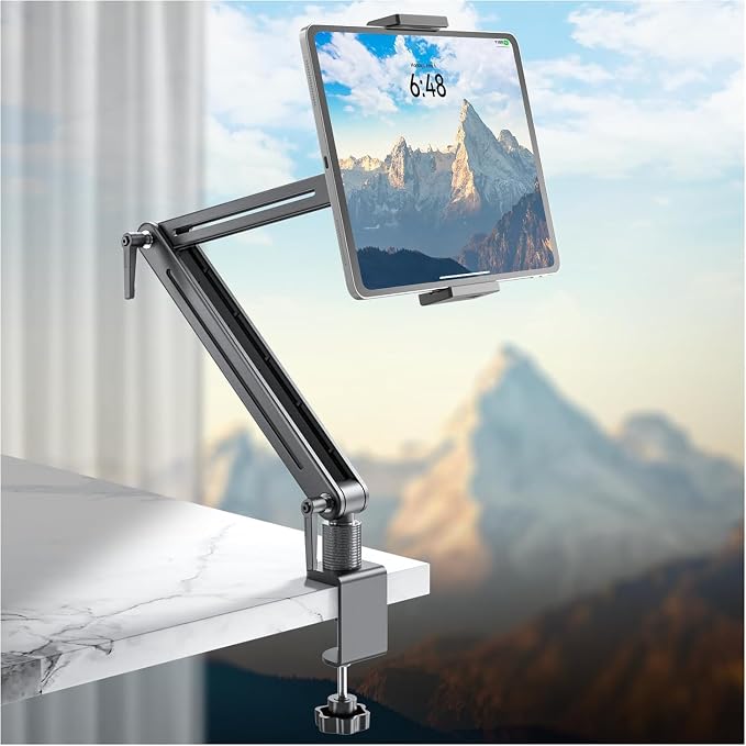 Jakeko Adjustable Tablet Mount for Desk - 360 Degree Rotating Base Tall Arm Holder Stand Swivel Flexible Clamp Soporte para Tablet/Portable Monitor/Ebook