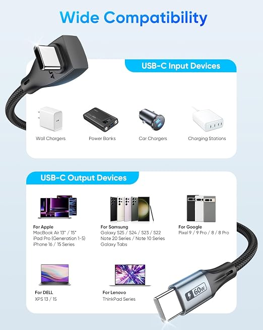 USB C Cable Right Angle - [1Pack 10FT] 60W Fast Charging USB C Cable Braided USB Type C Data Cable, 90 Degree C Port Charger Cord for iPhone 17/16/15 Pro Max, Tesla Model Y, MacBook, iPad, Samsung