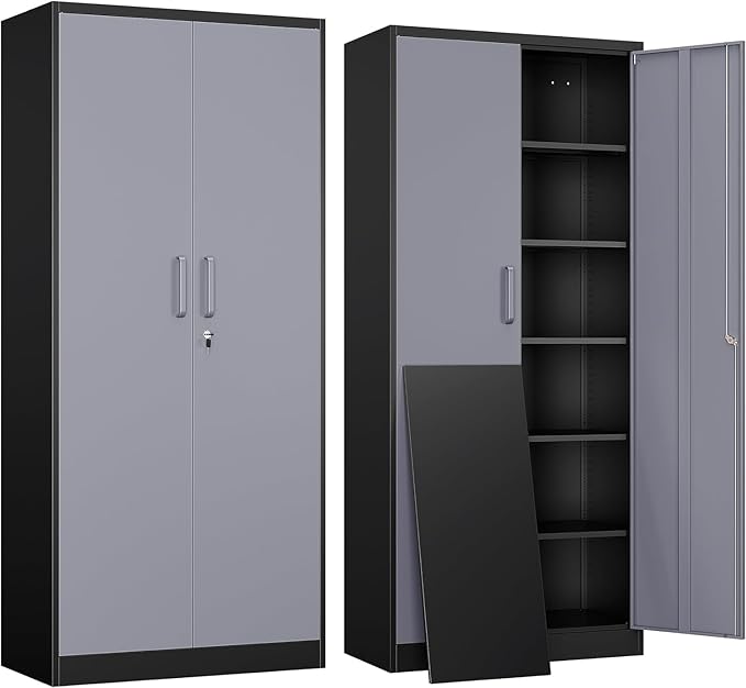 Yizosh Metal Garage Storage Cabinet with 2 Doors and 5 Adjustable Shelves - 71" Steel Lockable File Cabinet,Locking Tool Cabinets for Office,Home,Garage,Gym,School (Gray Black)