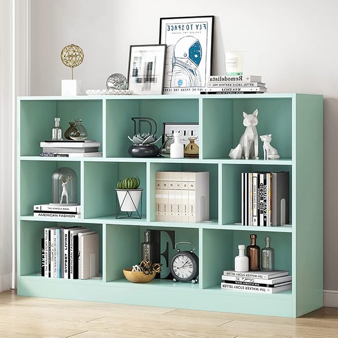 IOTXY Open Shelf Low Bookcase - Wooden 3-Tier Floor Standing Display Cabinet Organizer with Base, 10 Cubes Short Horizontal Bookshelf in Tiffany-Green