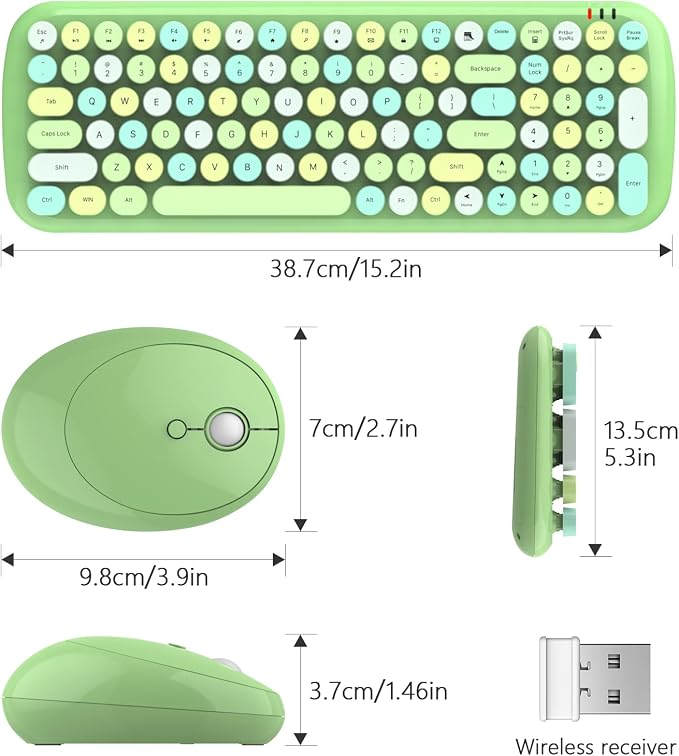 MOFII Wireless Keyboard and Mouse Combo, 2.4GHz Retro Typewriter Keyboard and Cute Mouse for Computer PC Desktops Laptop Windows(Green Mix)
