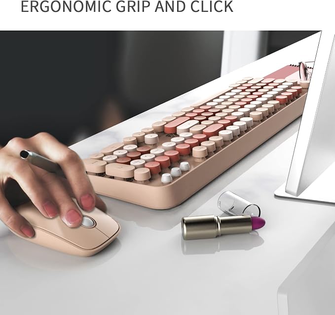 Wireless Keyboard and Mouse Combo Cute Colorful Keyboard and Mouse, Retro Typewriter Keyboard with 2.4GHz Plug & Play, for Windows 11/10/7, Laptop, PC (Milk Tea)