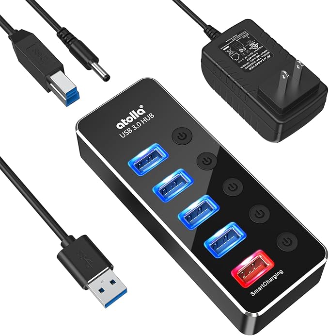 Powered USB Hub, atolla Aluminum 5-Port USB 3.0 Hub with 4 USB 3.0 Data Ports and 1 USB Smart Charging Port, USB Splitter with 5V/3A Power Adapter and Individual Switches