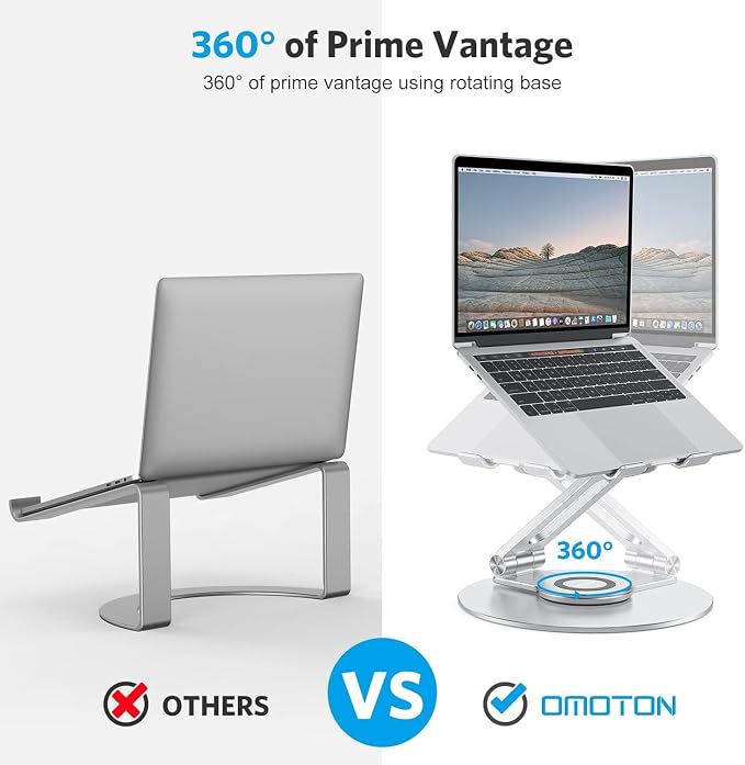 OMOTON Adjustable Laptop Stand with 360 Rotating Base, Ergonomic Laptop Riser for Collaborative Work, Dual Rotary Shaft Fully Foldable for Easy Storage, Fits All Laptops up to 16 inches, Silver