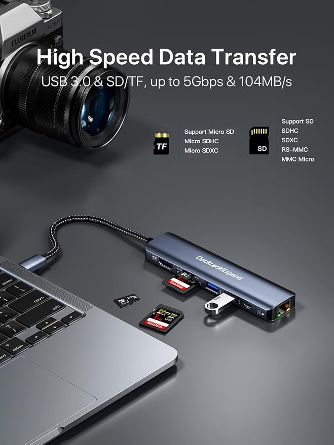 USB C Hub Ethernet, DockteckExpand 7-in-1 Multiport Adapter Type C to 4K@60Hz HDMI, Gigabit Ethernet, 100W PD Charging, 2 USB 3.0, SD/TF Card Readers, for MacBook Pro/Air, iPad Pro/Air, XPS and More