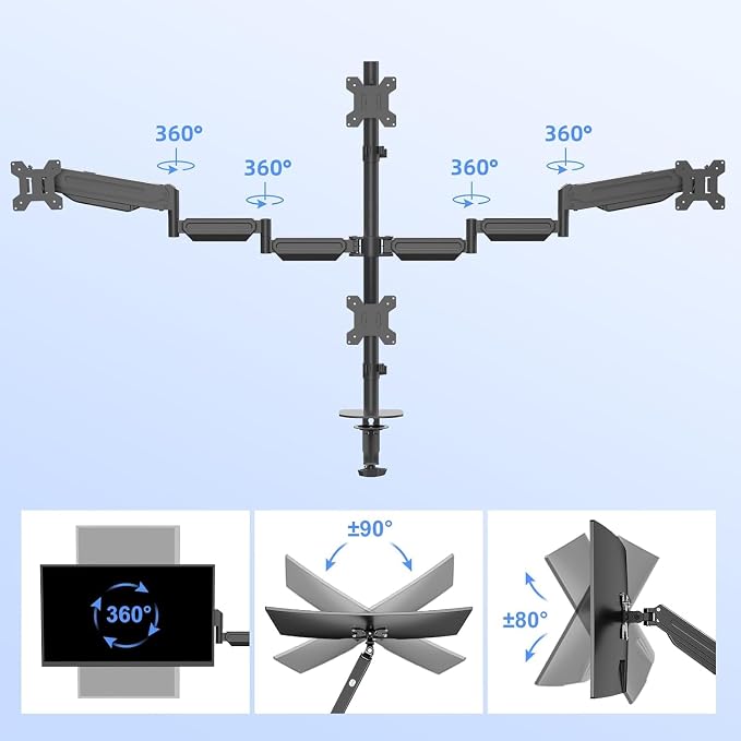 Pholiten Quad 4 Monitor Arm Desk Mount for Max 32 inch Screens, Gas Spring Adjustment Monitor Stand with VESA 75x75mm, 100x100 mm, Clamp & Grommet Install Black MD18864