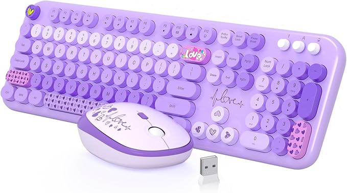 MOFII Keyboard and Mouse Wireless, 104 Round Keys Lovely Full-Size Cute Colorful Keyboard and Mouse with Retro Typewriter for PC/Mac/Laptop/Tablet/Computer/Windows Purple