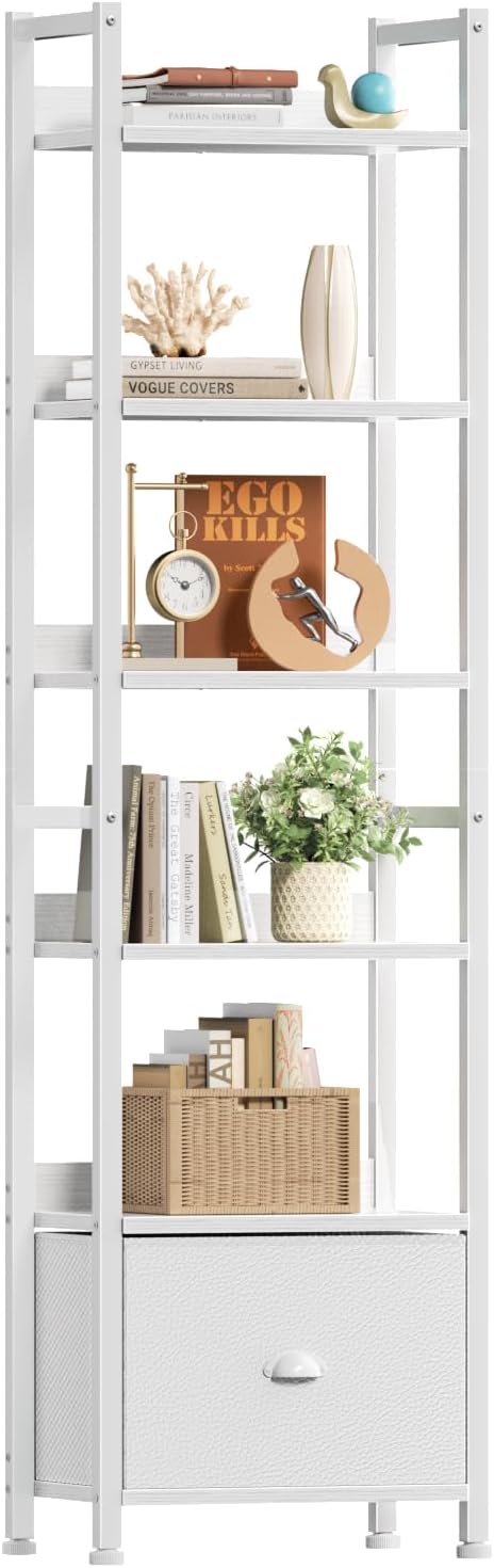 Furologee 6 Tier Bookshelf, Tall Shelf with Drawer, Wood and Metal Bookshelves Storage Organizer, Modern Display Shelving Unit for Bedroom, Living Room, Home Office, White