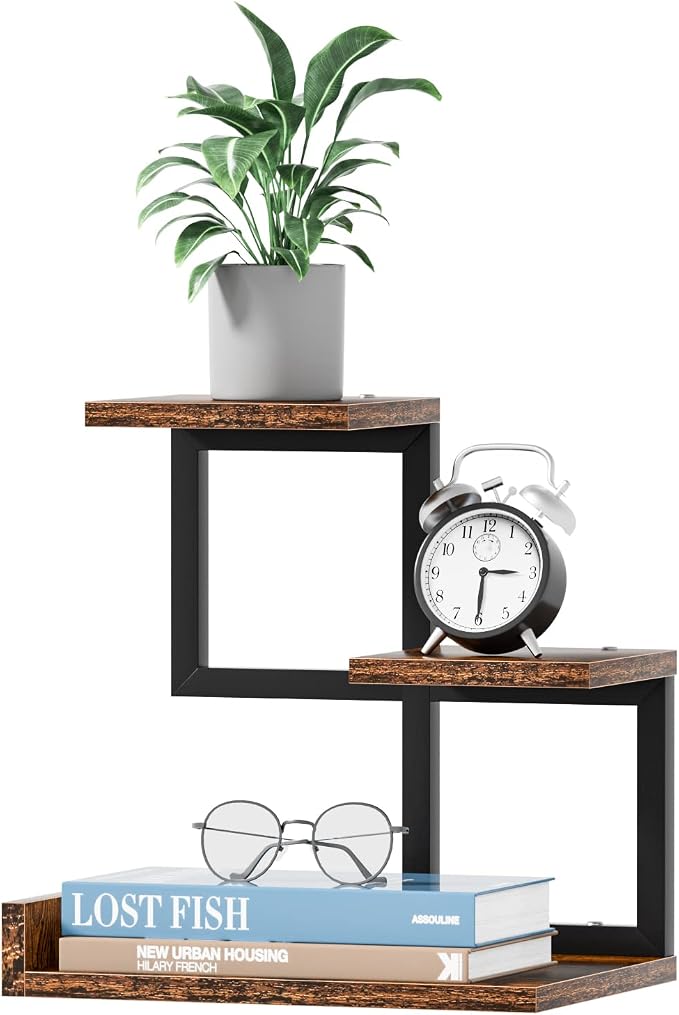 Gannyfer Office Decor Desk Shelf Organizer - Wood Desktop Shelf, Freestanding Desk Hutch, 3 Tier Storage Display Rack, Small Bookshelf with Metal Frame for Books/Plants/Toys (Rustic Brown Black)