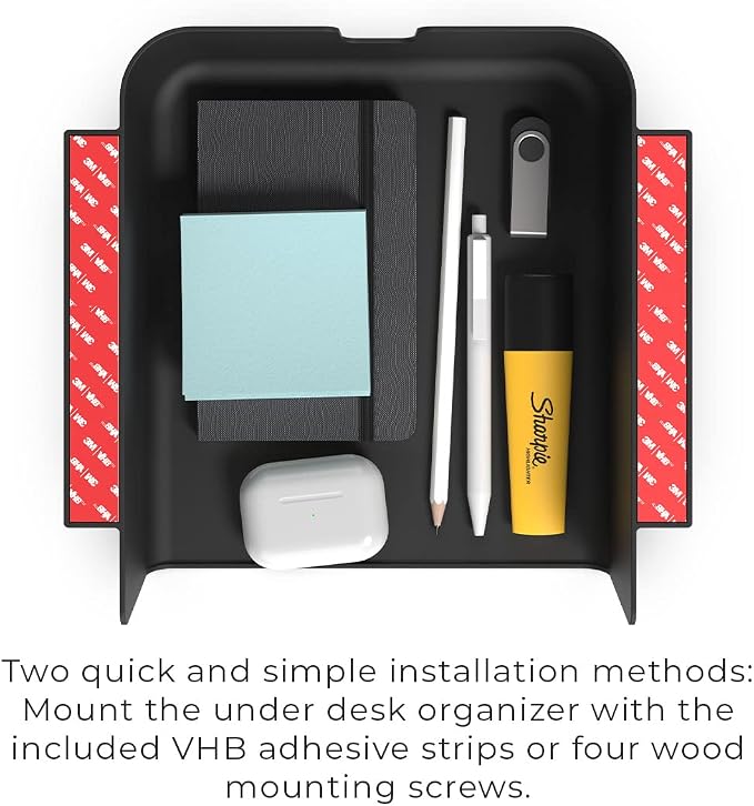 HumanCentric Under Desk Storage Shelf, Drawer Organizer for Office, Workstations, Tables, Sit Stand Desks, Gaming Setups, Mountable Storage Tray, Cable Management, Screw or Stick On with VHB Tape