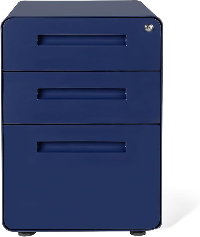 Laura Davidson Furniture Stockpile 3 Drawer File Cabinet with Lock - Under Office Desk Metal Filing Cabinet, Legal/Letter File Folders, Wheels and Stationary Feet, Pre-Assembled, Navy Blue