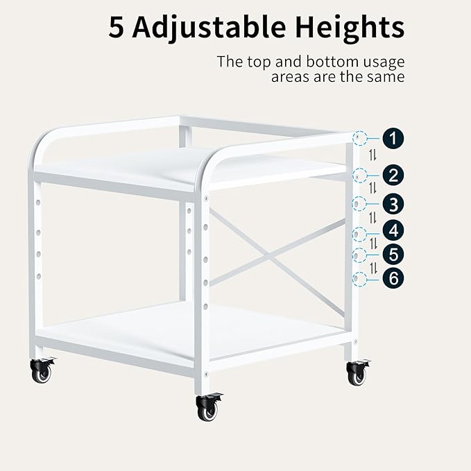 20 Inches Large White Printer Stand, 2-Tier Under Desk Printer Table with Height Adjustable Shelf, Rolling Printer Cart with Industrial Wheels for Home Office (White)