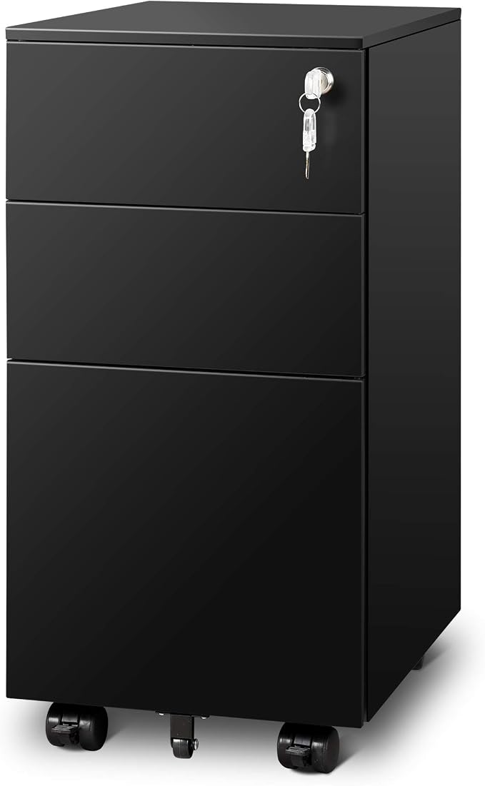 DEVAISE 3 Drawer File Cabinet with Lock, Under Desk Metal Filing Cabinets with Wheels for Home Office Fit Legal/Letter/A4 File, Assembled Except Casters,Black