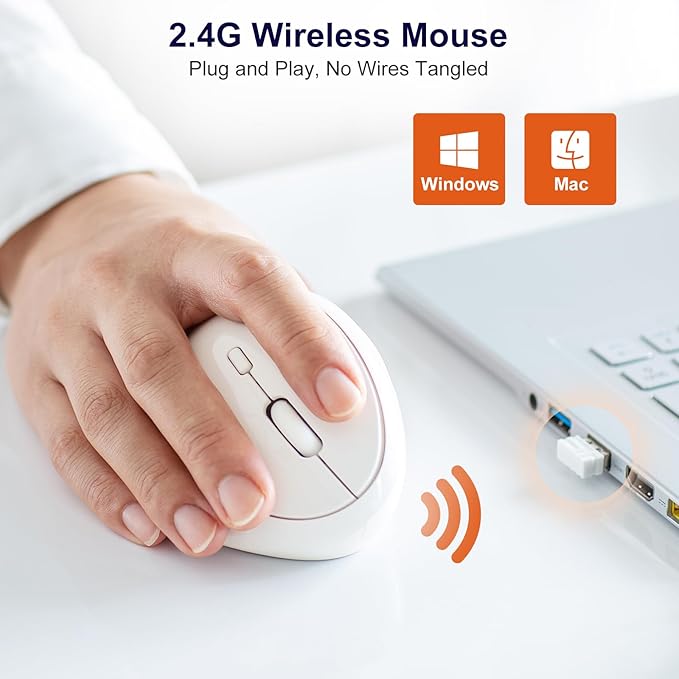 SANWA 2.4G Wireless Ergonomic Mouse White, Vertical Optical Ergo Mouse Small Hands, Cordless Mice for Wrist Pain, 800/1200/1600 DPI, 5 Buttons, Compatible Mac, Windows, PC, Desktop