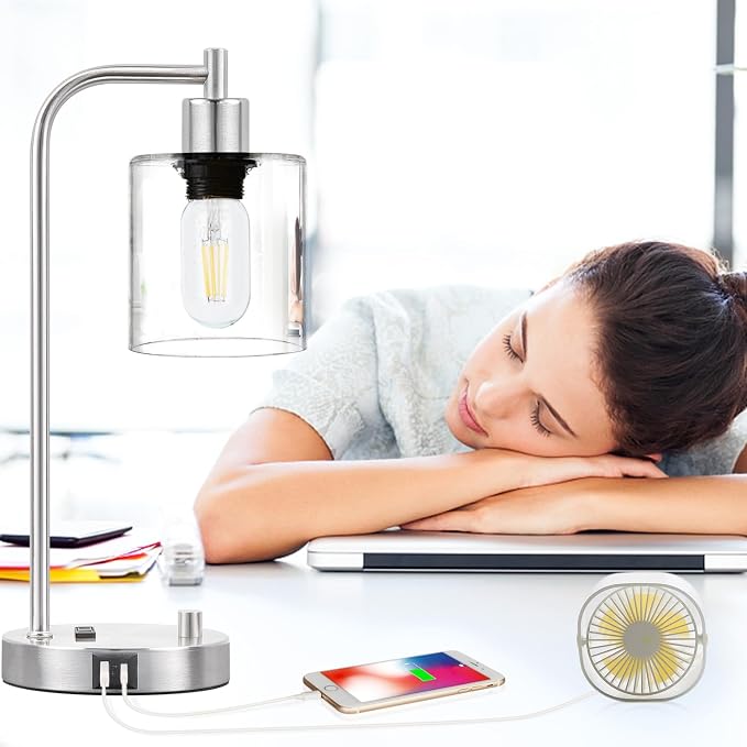 Set of 2 Industrial Table Lamps with USB C+A Ports and Outlet, Brushed Nickle Fully Stepless Dimmable Bedside Lamps, Nightstand Lamp with Clear Glass Shade for Bedroom Living Room 2 LED Bulb Included