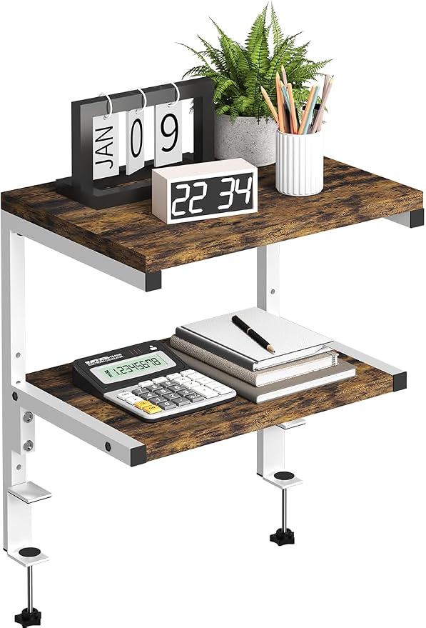 Mondazie Clamp on Desk Organizer Shelf, Heavy-Duty Desk Extender Side Table with 2-Tier Adjustable Storage Shelves for Desktop Accessories, Gaming Devices, White