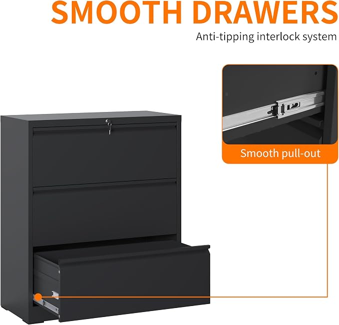 Locking Filing Cabinet with 3 Drawer Heavy Duty Large Metal Cabinet Home Office Black Lateral File Cabinets Wide Steel Cabinets for Legal/Letter Size File,Assembly Required