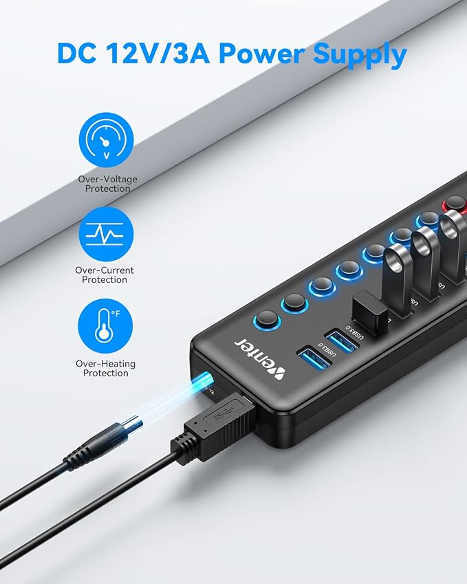 Powered USB 3.0 Hub, Wenter 11-Port Hub Splitter (7 Faster Data Transfer Ports+ 4 Smart Charging Ports) with Individual LED On/Off Switches, Power Adapter for Mac, PC